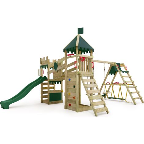 Fatmoose RiverRun Royal wooden play tower with surf extension and slide in green (1/5)