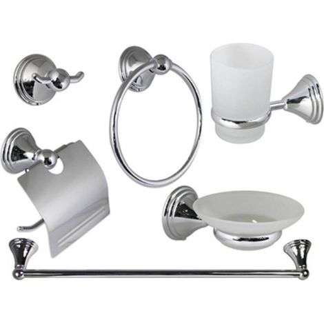 TRADE SHOP - Set Bagno Acciaio Cromato E Vetro Satinato 6 Pezzi Arredo Moderno Bianco 52919 -