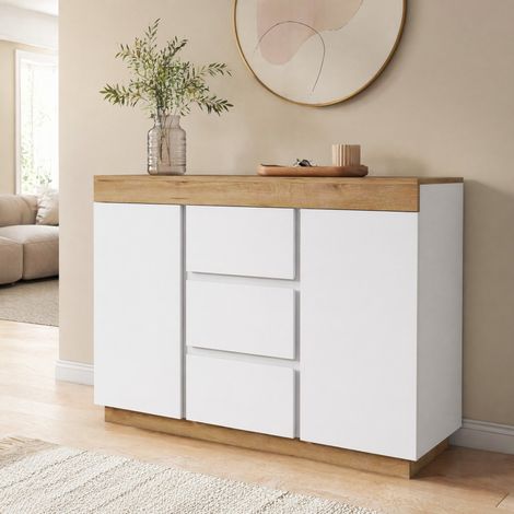 Commode 3 tiroirs 2 portes en panneaux de particules E1 blanc et chêne HAVRYA (1/5)