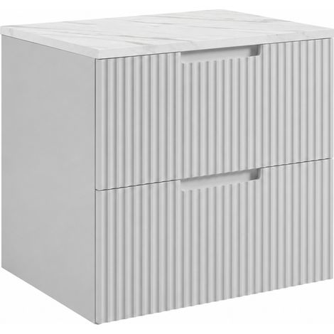 Meuble de salle de bain suspendu 60 cm à tiroirs, coloris blanc + plan de travail marbre Bianco, avec poignées, 60 x 46 x 58,6 cm (1/5)