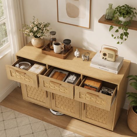 Buffet de cuisine 108×40×80cm, meuble de rangement en bambou tressé avec tiroirs, grand meuble de rangement, avec poignées en métal, conception anti-basculement, style moderne, cadre en bois,Chêne
