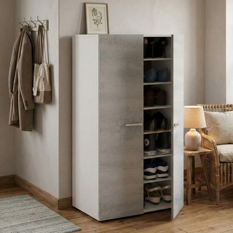 Armoire multifonction 2 portes Norwalk, armoire à chaussures, armoire basse avec 6 étagères, étagère à chaussures basse moderne, 55x36h103 cm, blanc et ciment (1/5)