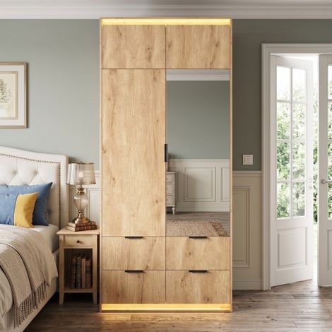 Armoire, armoire à 2 portes, avec miroir, éclairage LED, 90 x 47 x 200 cm, avec 1 tringle à vêtements, 4 tiroirs, armoire à portes battantes, armoire de chambre moderne, chêne anthracite (1/5)