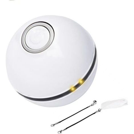 Balle électrique pour chat, en plastique, rechargeable par USB, 6 x 6 cm, adaptée aux chats, avec LED, avec 2 accessoires, cloche et plume, faible bruit, blanche
