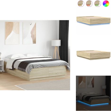 Cadre de lit avec LED sans matelas chêne sonoma 150x200 cm - Cadre De Lit - Lit Double - Sommier - Éclairage Led - Lumière Rgb (1/5)