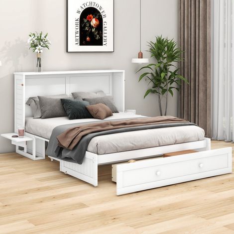Lit escamotable 140x200cm - Armoire convertible avec tiroir et petites étagères latérales – Structure en bois de pin – Blanc (1/5)