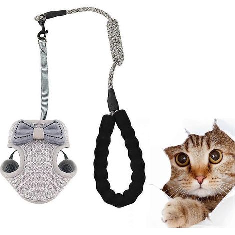 Arnés tipo chaleco para mascotas con diseño de lazo, correa ajustable para gatos, color gris. (1/5)