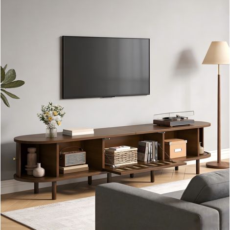 1804040cm Ovaler TV-Ständer in Nussbaum dunkel, Rattan-Design - MDF-Design, 30 kg Belastbarkeit,ein Rollladentürdesign.TV-Schrank,lowboards,Wohnzimmerschrank,Beinhaltet einen Schrank mit Klapptür (1/5)