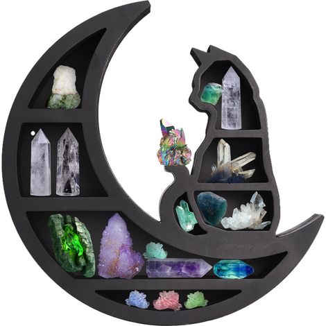 Estantería de pared de madera gris con motivo de gato sobre la luna para cristales. (1/5)