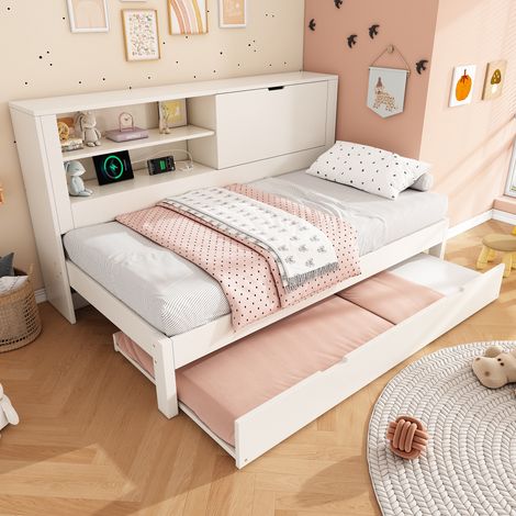 Letto bambini 90x200 cm con letto estraibile, testiera portaoggetti, porte USB e Type-C e rete a doghe, bianco, materasso non incluso (1/5)