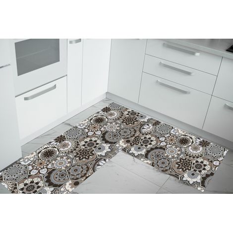 Set di 2 tappeti da cucina antiscivolo e lavabili in lavatrice passatoia multiuso Esagoni Marroni - 50x80+50x160
