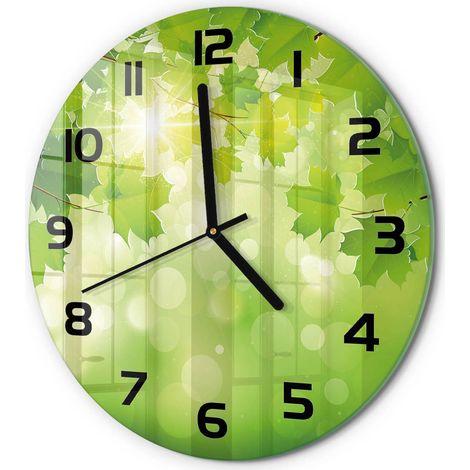 Horloge Murale Ronde Quartz Verre Trempé Design Moderne Salon Chambre Bureau Feuilles de marronnier fi 30 cm (1/5)
