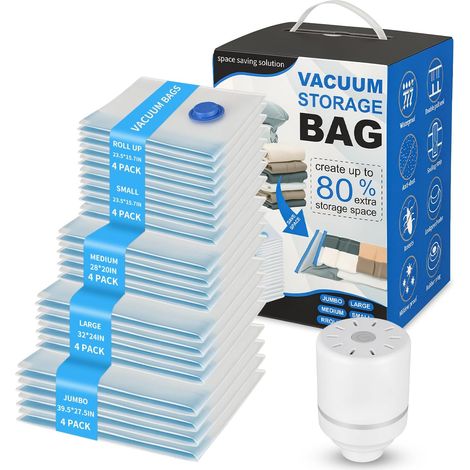 Lot de 20 sacs sous vide pour vêtements avec pompe à vide, peu encombrant, pour vêtements, couettes, oreillers et matelas, spécialement conçus pour les voyages et l'organisation de valises (1/5)