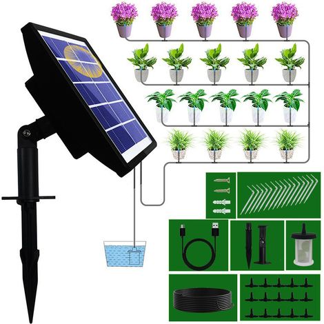 Kit Arrosage Automatique Solaire pour Jardin, Systeme Arrosage Automatique Goutte a Goutte avec 15M Tuyau Arrosage, Programmateur Arrosage Automatique pour Vacances Balcon Pot de Fleur Plantes