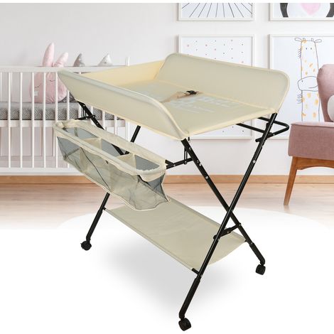 Table à langer pliante, table à langer avec panier de rangement, 806698cm ceinture de sécurité et 4 roues avec frein, réglable en hauteur -couleur crème (1/5)
