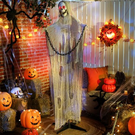 Outsunny Halloween Deko Sensenmann Outdoor 183cm Animiert Sprechende Halloween Sensenmann mit Leuchtenden Augen gruseligem Sound Halloweendeko Halloween-Dekoration für Tür Garten Party Hof Spukhaus (1/5)