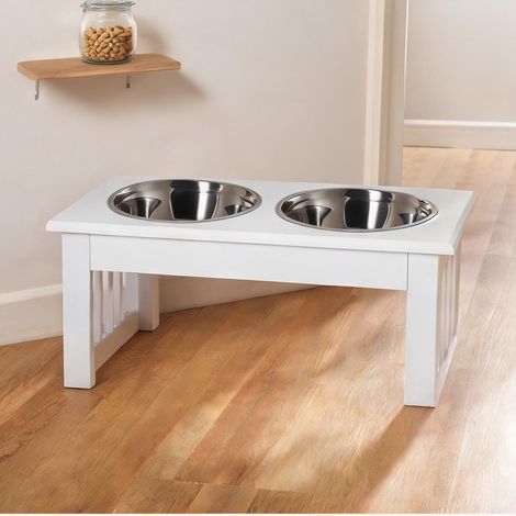 Gamelle pour chien blanc en bois 44 x 24 x 15 cm (1/5)
