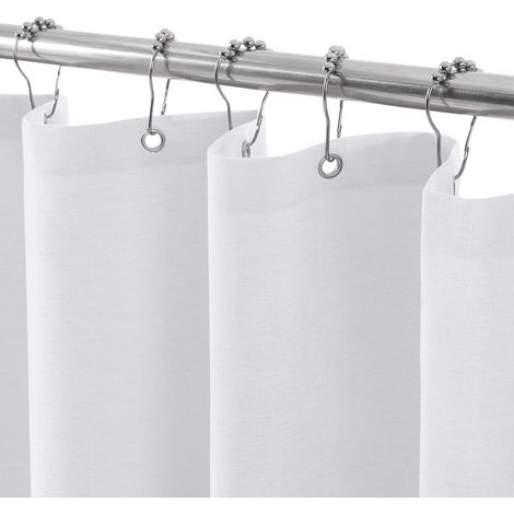 Rideau de Douche Lin avec Anneaux en Métal Imperméable Anti-Moisissures Polyester Tissu Rideau Salle de Bain Lourd pour Baignoire Cabine de Douche 122x182CM (Blanc)