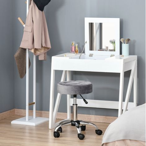 Sgabello da salone Ø35x49-61 cm grigio chiaro in poliestere effetto velluto con ruote girevoli e altezza regolabile (1/5)