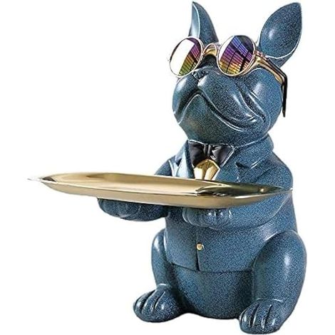 Bouledogue Statue Chien Plateau Décoratif Plateau Rangement Résine Clés Friandises Décoration Decoration Maison Moderne Deco Interieur Maison Bleu (1/5)