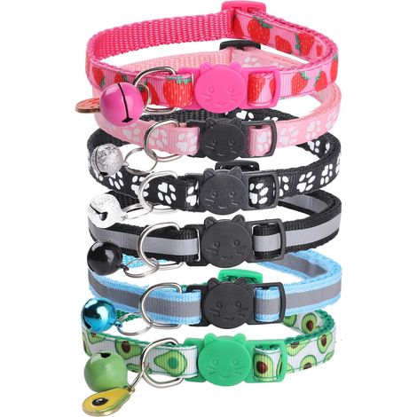 Set of 6 Cat Collars with Bells, Adjustable and Reflective Collars with Safety Closure, Anti-Choking Cat Collar, 6 Colors