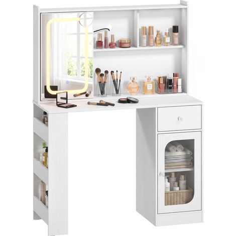 HOMCOM tocador de maquillaje, espejo deslizante, luces LED 3 colores, mesa de maquillaje con cajón, 4 compartimentos, estantes abiertos, blanco (1/5)