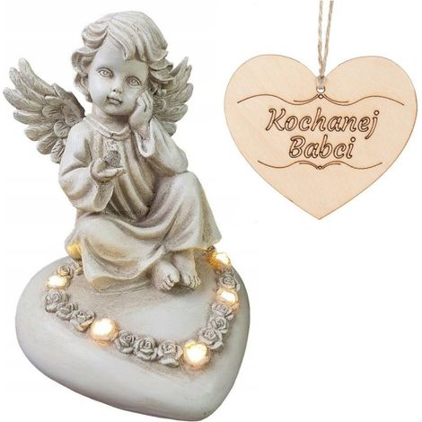 Ángel de vela sentado sobre un corazón, iluminado con LED, para la tumba de la abuela, 18 cm. (1/5)
