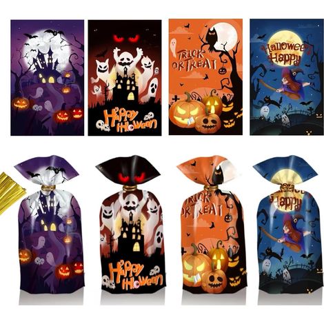 50 Halloween-Geschenktüten, Zellophan-Geschenktüten für Halloween-Kekse mit Bändern (4 Designs) (1/5)