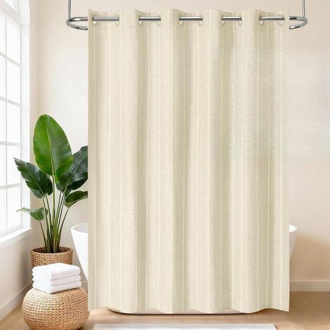 Rideau de douche Boho sans crochets, tissu rayé en polyester et lin, revêtement imperméable, rideau de bain rustique de style chalet shabby chic, 182x190cm (1/5)