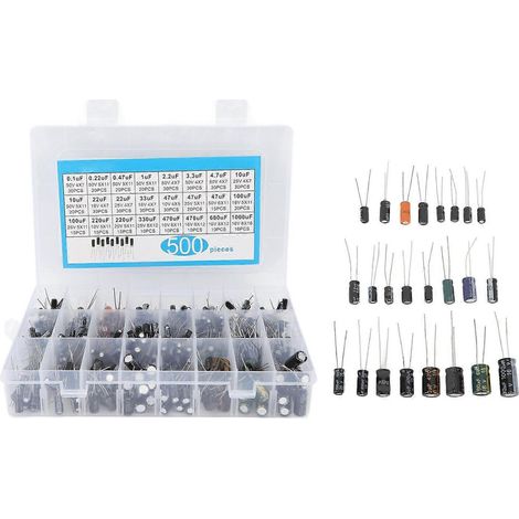 Assortiment de 500 condensateurs électrolytiques en aluminium, 0,1 µF–1000 µF, 16 V–50 V, 24 valeurs (1/4)