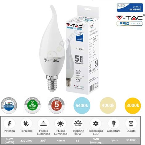 V-TAC PRO Lampadina led candela 5,5w attacco piccolo E14 colpo di vento fiamma opaco luce bianca naturale calda Naturale (1/2)