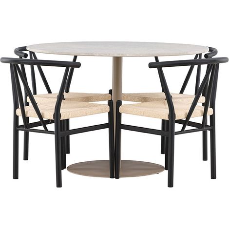 Lycke Essgruppe Tisch Ø110cm und 4 Stühle mit Armlehnen stapelbar beige. (1/4)