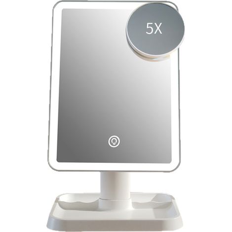 Miroir de maquillage lumineux à trois teintes pour table, miroir de courtoisie carré à LED avec miroir grossissant (1/5)