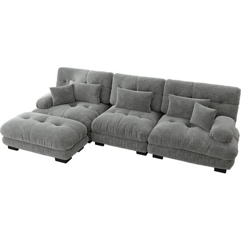 Canapé d'angle modulaire en chenille vintage gris avec ottomans assortis (1/5)