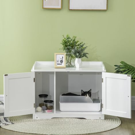 Arenero para gatos PawHut, casita para gatos, con separador, doble puerta magnética, estante lateral, blanco, 86 x 48 x 52 cm