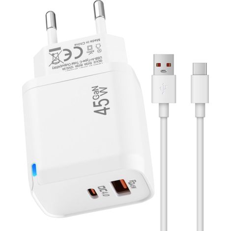 45W Chargeur USB-C Dual Port pour S25Ultra/S24 Plus/S24 Ultra Pixel 10 Pro/10 Pro XL Adaptateur avec Indicateur LED USB-C USB-A câble 2M Compatible PPS PD4.0 Technologie GaN (1/5)