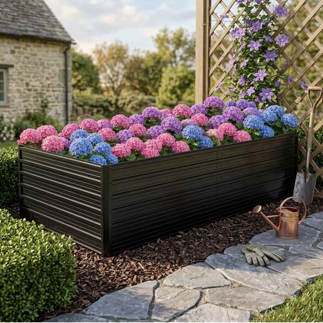 Hochbeet 219x112x64 cm schwarz aus Metall mit offener Basis und verstärkter Konstruktion (1/4)