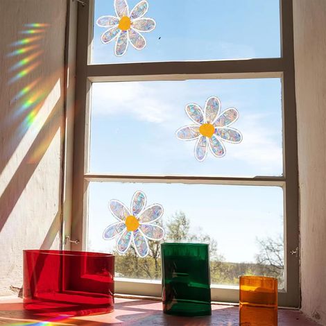 Autocollants attrape-soleil en forme de fleurs pour fenêtres en verre, autocollants prismatiques arc-en-ciel brillants, lames de fenêtre pour oiseaux, charmante marguerite (1/5)