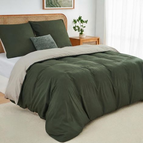 Housse de Couette 135x200 cm, Douce Et Légère, Séchage Rapide, Design Réversible, Fermeture Éclair,Oeko-TEX – Parure de Lit Vert Olive/Lin, 1 Housse de Couette + 1 Taie d’Oreiller 80x80 (1/5)