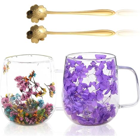 Tasse Verre Double Paroi,Lot De 2 350ML Tasses Double Paroi Avec Fleurs Séchées,Tasse Double Paroi Avec Fleurs Séchées Avec Cuillère,Tasse En Verre À Double Paroi Pour Cappuccino,Latte (1/5)