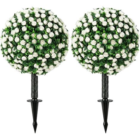 Coppia di sfere di rose artificiali da esterno UV, 55 cm, bianche, con picchetto, MODENUIT (1/4)