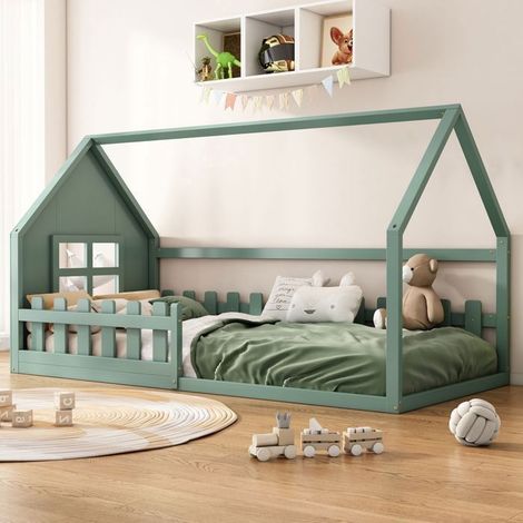 Lit Cabane Enfant 90x200 cm Bois Pin Massif Vert Design Au Sol - Lit Enfant - Sommier Lattes Inclus Cadre Maison Solide Sans Matelas (1/5)