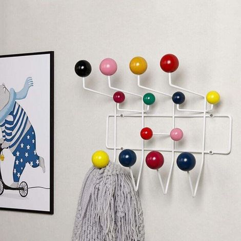 Wall-Mounted Coat Rack, Entryway Coat Rack, Hanging Coat Rack, Classic Metal Coat Rack with Painted Solid Walnut Wood Balls, Colored Wooden Hanger (1/5)