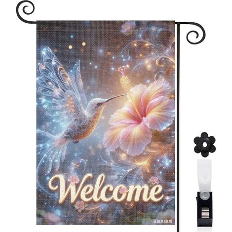 Drapeau de jardin vertical 30 x 45 cm motif fleurs colorées et colibri toile double face résistante décoration extérieure polyvalente (1/5)