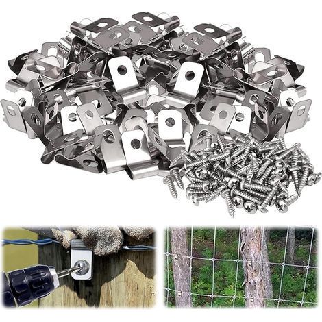 Clips de clôture.Clips de clôture de fil 100 PCS Clips de montage de clôture agricole.Pinces de fil à vis en acier inoxydable avec vis pour fil soudé à clôture en vinyle métallique en bois (1/5)