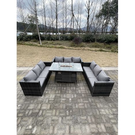 Fimous 9 Seater U Shape Outdoor Lounge Rattan Sofa Set Garden Furniture Gas Firepit Set Dining Table Dark Grey Mixed (1/5)