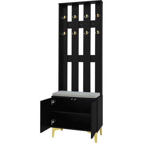 Eingangs-Garderobe mit Schuhbank, Schuhregal und Kissen, Kleiderhaken, Schwarz/Gold (1/5)