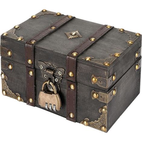 Coffre au Trésor Vintage en Bois, 18 x 11,5 x 10,5 cm coffret tresor pirate en bois, petit coffre en bois avec Serrure à Combinaison pour ranger décorer Anniversaire