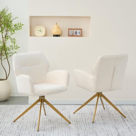 Fauteuil pivotant (lot de 2) avec pieds en métal, chaise de détente, revêtement en tissu aspect velours, blanc crème