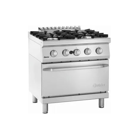 Fourneau inox à gaz 4 feux, sur four gaz 3 x GN 2/1, 36 900 W, 400 V, GAZ